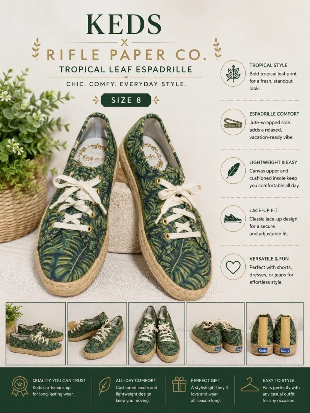 KEDS x Riffle Paper Tropical Leaf Pattern Lace up Espadrille 8